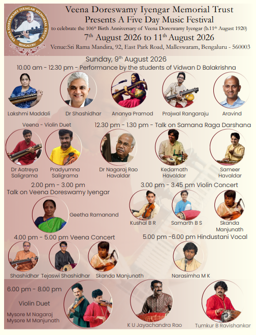Veena Doreswamy Iyengar Memorial Trust Festival 2026 – Day 3: Violin Concert, Veena Concert & Hindustani Vocal